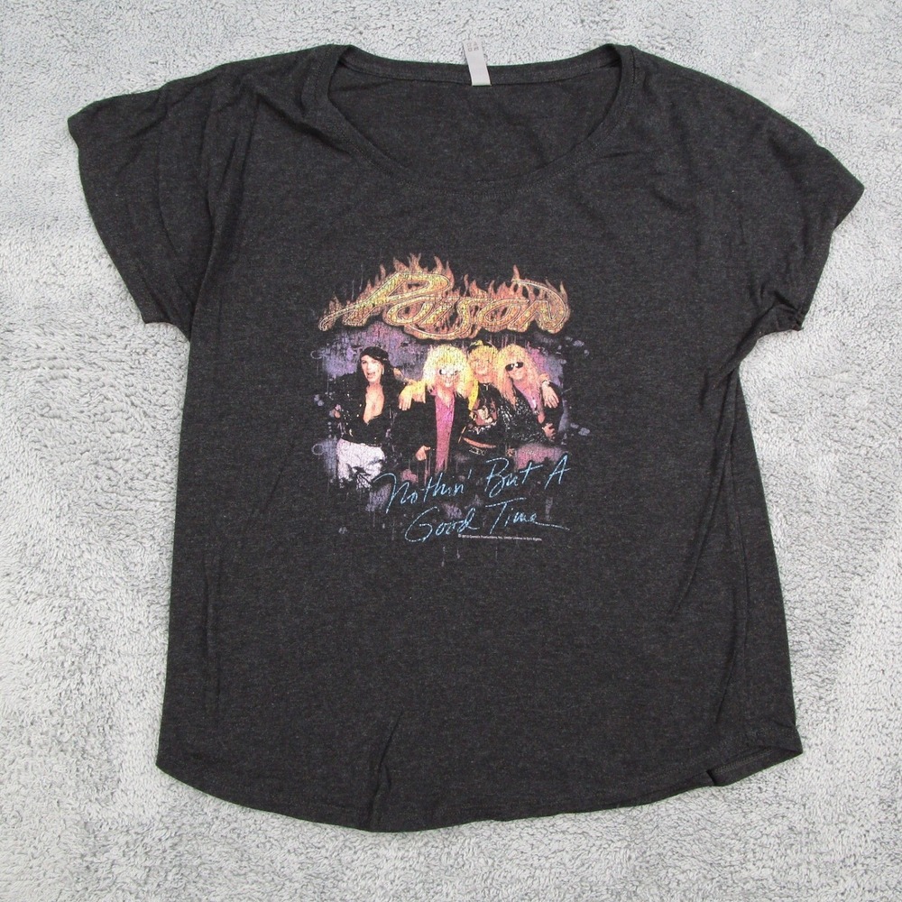 Poison Band Tee Womens Large Nothin But A Good Time Graphic Rock Shirt Gray